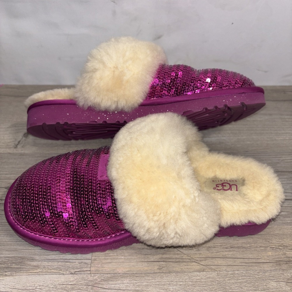 Women's 5 Ugg Taz Dazzle Pink Sequin Slipper Fuschia Ribbon Candy Pink Sparkle - Picture 8 of 9